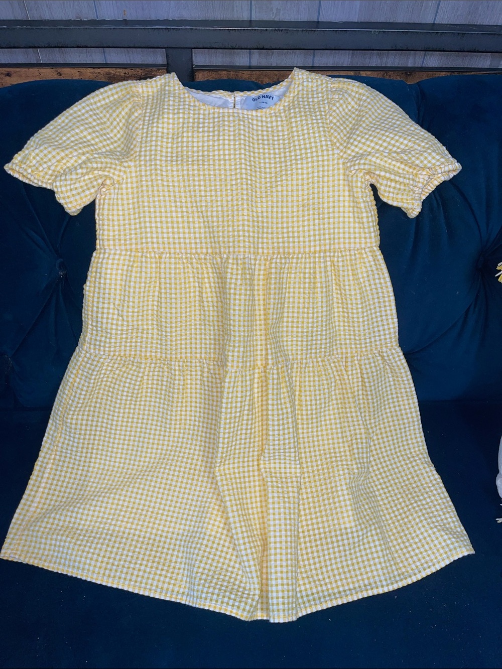 Old Navy Yellow Gingham Tiered Short Sleeve Dress